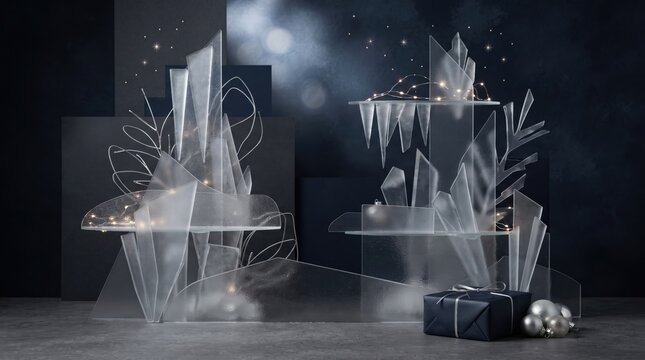 Modern abstract metal furniture and decorative plant sculptures in minimalist interior chrisms day abstract background new design 2026