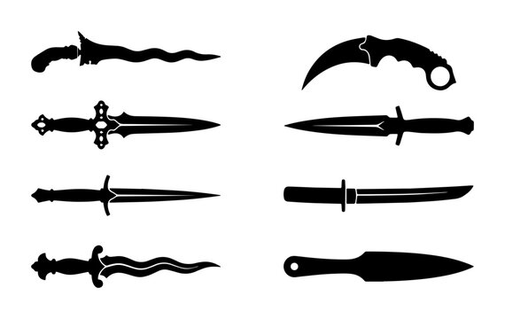 Collection of Black Silhouettes of Various Knives and Daggers, Vector Set for Design