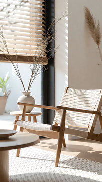 Japandi inspired living room design featuring natural wood furniture, a woven chair, ceramic vase with branches, and minimalist decor bathed in bright sunlight