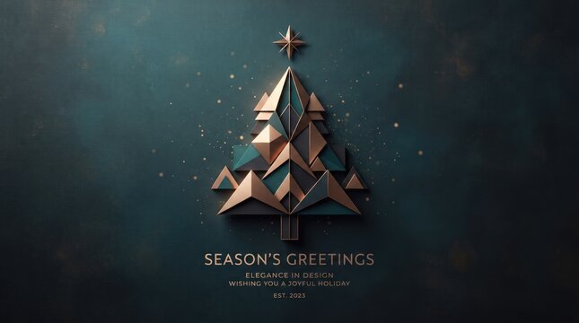 Geometric gold christmas tree with star top on dark space background season greeting card design chrisms day abstract background new design 2026