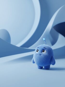 A cute fluffy blue alien character standing in a minimalist abstract environment with soft lighting and smooth curves