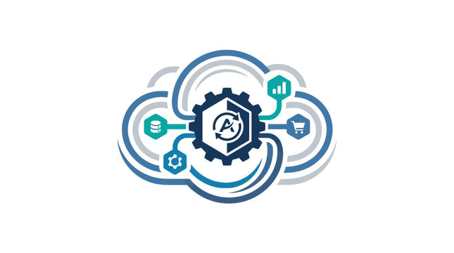 Cloud gear circular technology icon with letter A.