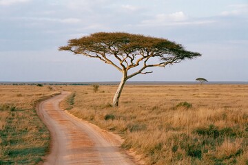 Obraz premium The Lone Acacia Tree on a Dusty Savannah Road at Sunset