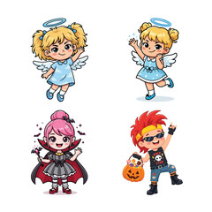 Set of cute cartoon children dressed in various costumes for halloween including angels a vampire and a rocker