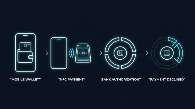 Mobile wallet payment and digital transaction process flowchart with transaction, technology