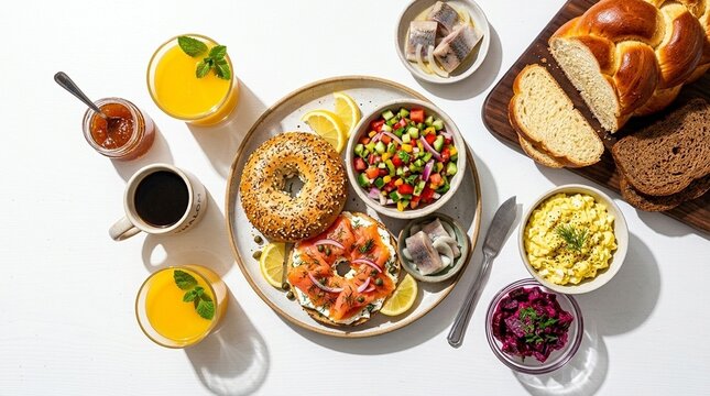 A vibrant overhead view of an artfully arranged gourmet brunch spread, featuring pastries fruits coffee cups, perfect for breakfast marketing or food blog content