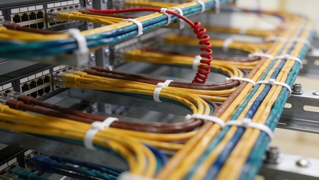 Colorful ethernet cables connected to modern network switch server rack equipment showing intricate cable management in bright lighting with focus on vibrant yellow and red cords