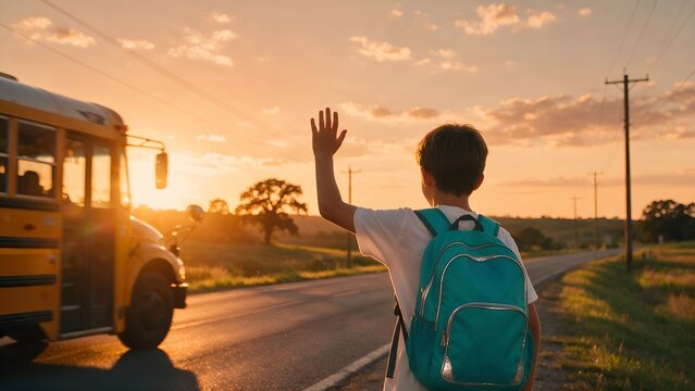 Young boy wearing blue backpack waves his hand towards large yellow school bus during golden hour sunset while standing on empty rural road near trees