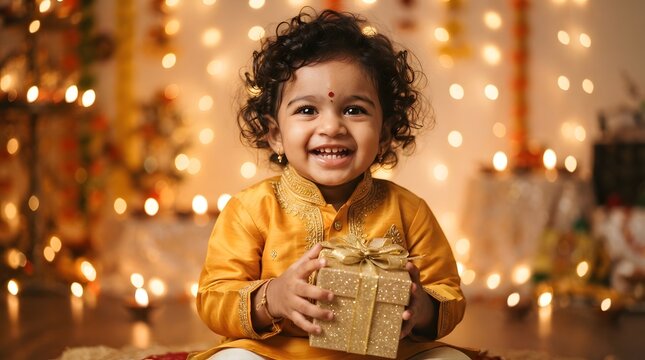 Happy indian toddler boy in traditional yellow kurta holding a gift