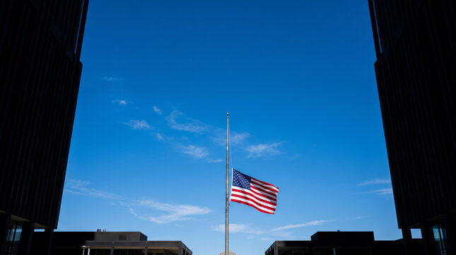 American flag flying at half mast against a clear blue sky between dark buildings