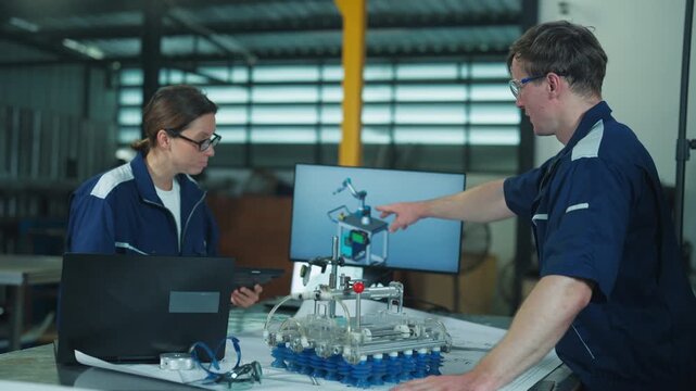 Corporate team evaluating blueprint specs on a tablet and projector screen. Highlighting strategic management in mechanical industry.