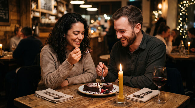 Couple enjoys romantic dessert date at candlelit restaurant