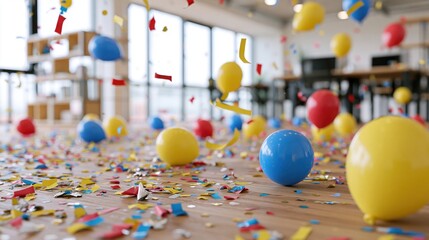Fototapeta premium The Balloons Celebration: Colorful Confetti Casts a Festive Scene in Open Space