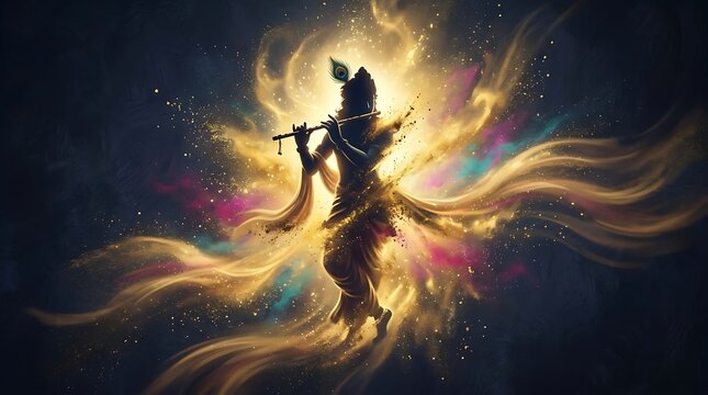 Lord krishna silhouette playing flute with golden divine aura and magical particles