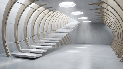 Fototapeta premium Futuristic architecture with a long staircase leading toward bright light and open space