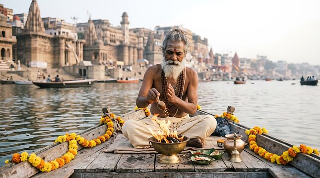 Sadhu performing ritual on boat in varanasi ganges river