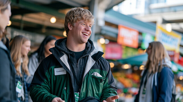 A customer greeter with sensory comfort object in jacket pocket stands at a vibrant outdoor marketplace entrance, a small group of shoppers nearby as the greeter practices steady interaction routine