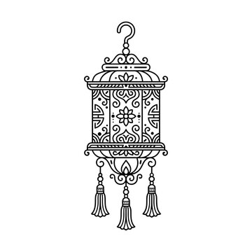 Ornate Ramadan lantern with tassels and intricate patterns line art vector illustration
