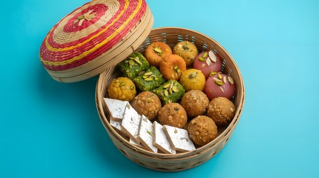 Assorted indian sweets in a traditional bamboo basket