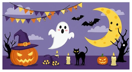 Fototapeta premium Halloween night scene with cute ghost, jack-o-lantern, black cat, smiling moon, bats, and bunting flags vector illustration