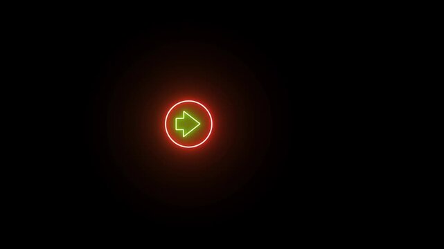 Neon green arrow inside a glowing red circle on black background a bright symbol centered inside circular frame, set against deep