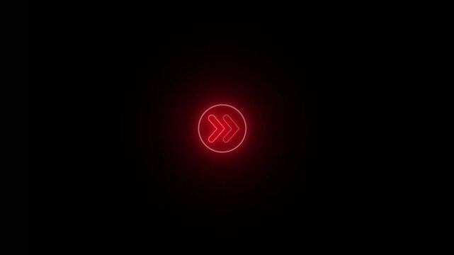 Glowing red neon double arrow symbol on dark black background a sign glows intensely in the center of a void, symbolizing fast forward