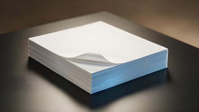 Stack of clean white paper sheets resting on a smooth dark black surface providing a professional blank template for printing your important office document designs