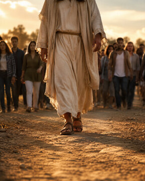 Jesus walking on a dirt road followed by a crowd of modern people at sunset