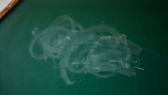 Mathematics equations scribbled on a green chalkboard with chalk dust