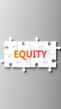 Equity complex like a puzzle - pictured as word equity on a puzzle pieces to show that equity is complex and needs cooperating pieces that fit together. ,3d illustration