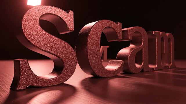 A 3D rendered text sign with the word Scam in dark red lighting symbolizing fraud, deception, and online security risks