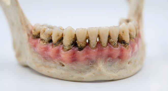 Lower human jawbone model showing severe dental calculus and gum inflammation