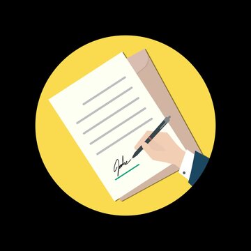 Modern animated illustration showing a person signing a document with a pen, representing agreement, approval, consent, paperwork, business processes, and official documentation.