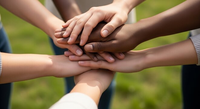 United hands of diverse people symbolizing teamwork unity and collaboration in nature