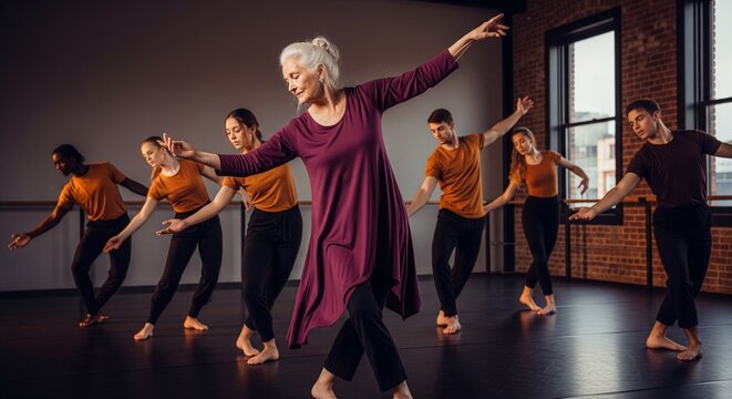 Dynamic dance class with instructor leading energetic group in studio setting