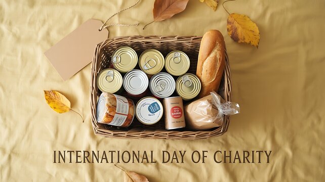 Wicker basket filled with nonperishable food items for charitable donation during the warm autumn season