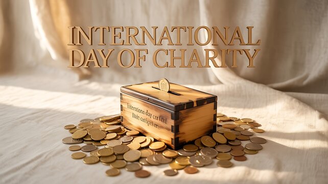 International day of charity wooden donation box surrounded by many shiny golden coins on table