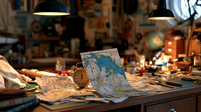 A sail maker's workshop lit by warm hanging pendant lamps holds a symbolic still life of tide charts and multiple overlapping alarm clock sketches drawn onto canvas scraps, the visual reminder syste