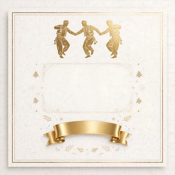 Elegant luxury Lebanese heritage background featuring golden Dabke dancers, cedar trees, and a shiny gold ribbon frame with space for text. Perfect for cultural events, invitations, and national celeb