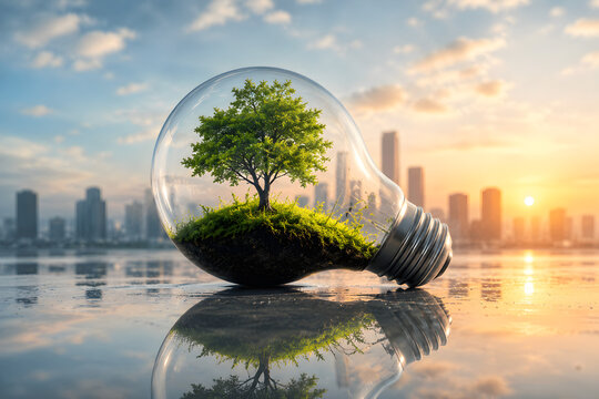 Sustainable City in a Lightbulb Terrarium &ndash; Green Future Concept