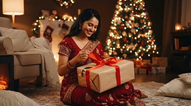 A smiling indian woman in a traditional red saree opening a christmas gift in a cozy, festive living room with a decorated tree and fireplace