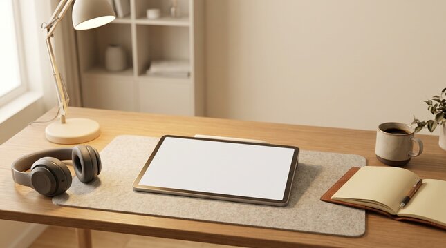 Cozy minimalist study desk mockup with blank tablet screen, headphones, open notebook, and coffee cup on a wooden table