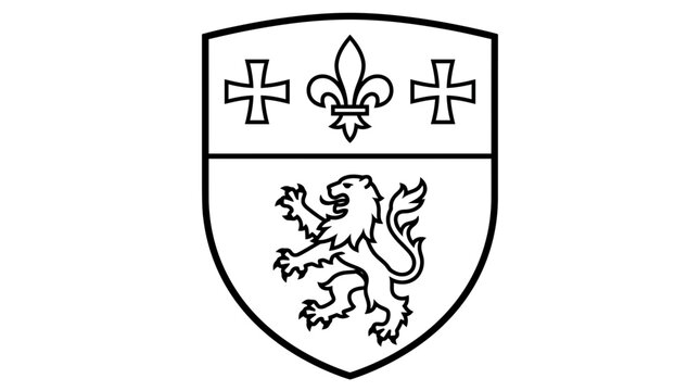 Black and white heraldic shield featuring a lion rampant and fleur de lis.