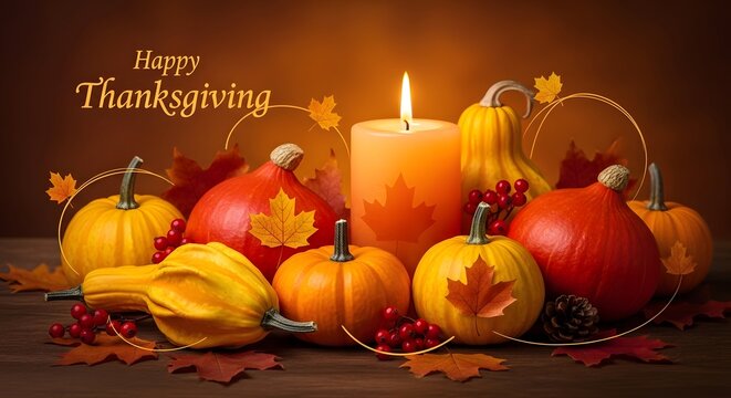 Happy thanksgiving greeting card with a burning candle and colorful pumpkins on a rustic wooden table background