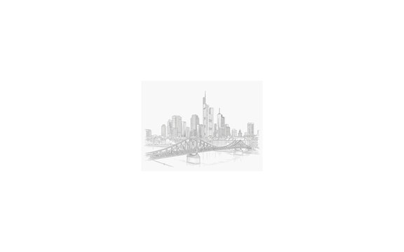 Detailed hand drawn sketch of the frankfurt city skyline with the eiserner steg bridge