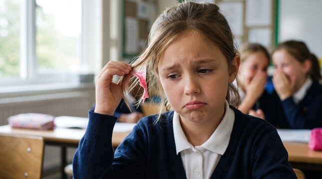 Upset little schoolgirl looking at pink chewing gum stuck in her hair. Two classmates are laughing and whispering in the blurred classroom background. Concept of school bullying, teasing, and childhoo