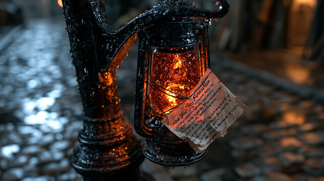 A vintage lamplighter's iron pole stands in close detail against rain-soaked cobblestones at the edge of a historic laneway, droplets beading along the curved iron bracket as a handwritten New Year 