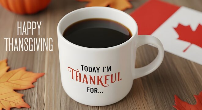A cup of coffee with a thankful message on a rustic wooden table with autumn leaves for thanksgiving
