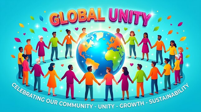Diverse group of people holding hands in a circle around the planet earth for global unity