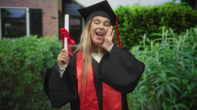 Young woman in graduation gown holds diploma and cups hand to mouth while shouting and smiling in front of building; academic achievement pride.